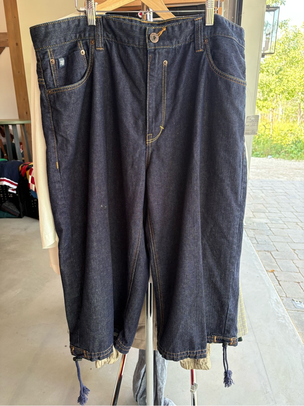 Men's Dark Blue Denim Cargo Jeans with Drawstring Hem